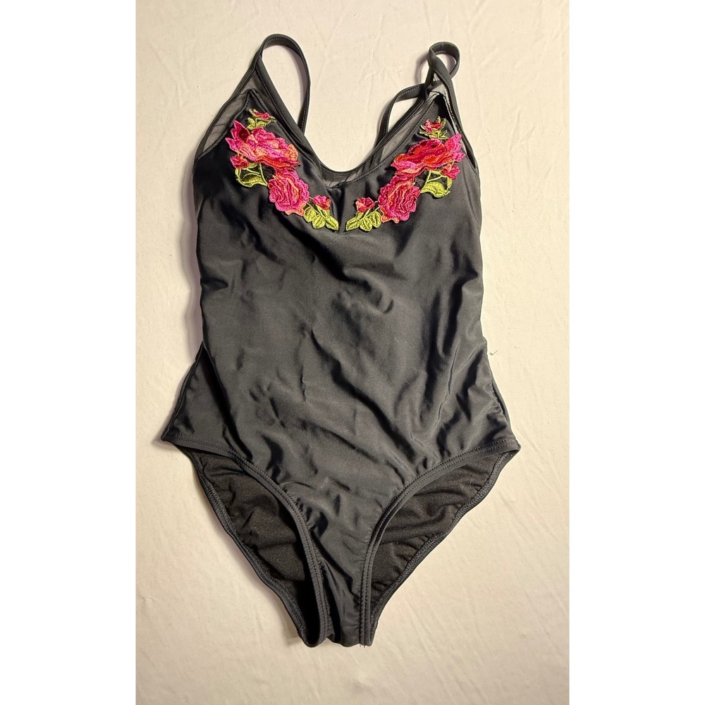 Xhilaration Black One Piece Swimsuit Floral Rose Embroidered Mesh XS Womens-2262